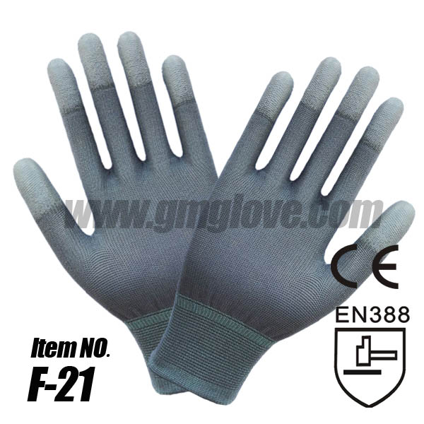 Antistatic Grey Nylon PU Dipped Gloves, Finger Coating